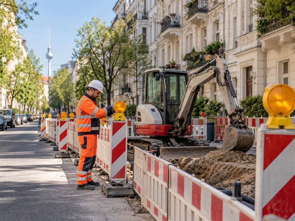 Baustellenabsicherung in Berlin mit Leitbaken, Absperrschranken und Warnleuchten an einer Baugrube