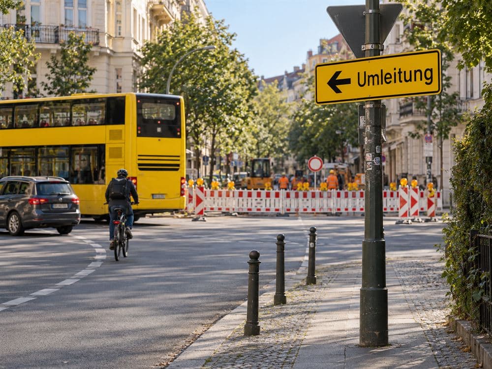 Vollsperrung einer Berliner Altbaustraße: durchgehende Absperrschranken mit Warnleuchten quer über die Fahrbahn, gelbes Umleitungsschild lenkt Bus, Auto und Radfahrer nach links