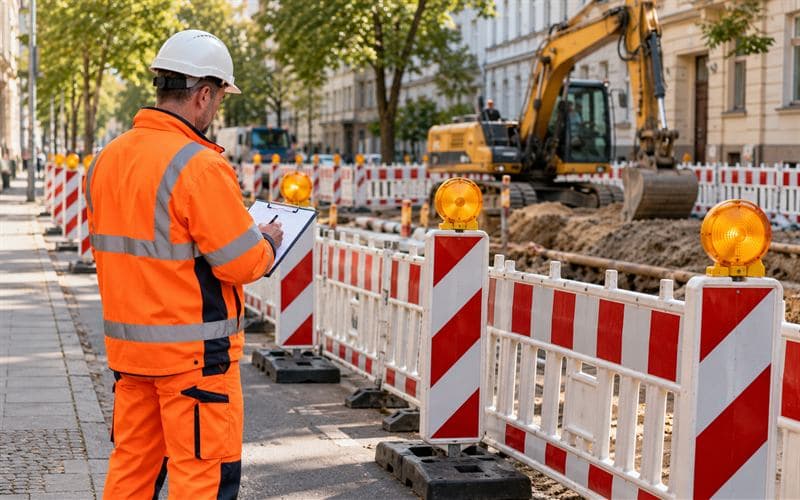 Mitarbeiter kontrolliert eine aufgebaute Baustellenabsicherung mit Klemmbrett
