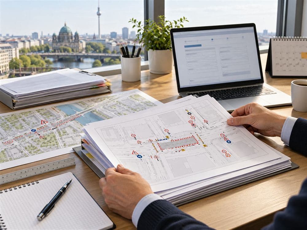 Arbeitsplatz mit Verkehrszeichenplänen und Antragsunterlagen, im Hintergrund Berlin