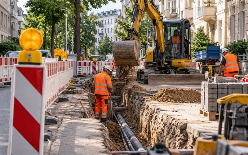 Leitungsbaustelle mit Bagger, abgesichert mit Absperrschranken und Warnleuchten