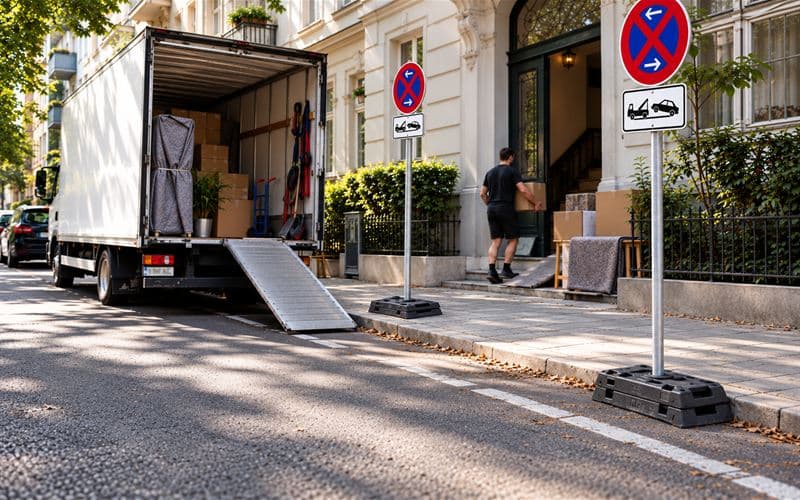 Umzugswagen mit Laderampe vor einem Berliner Altbau, freigehalten durch eine Halteverbotszone mit zwei mobilen Haltverbotsschildern